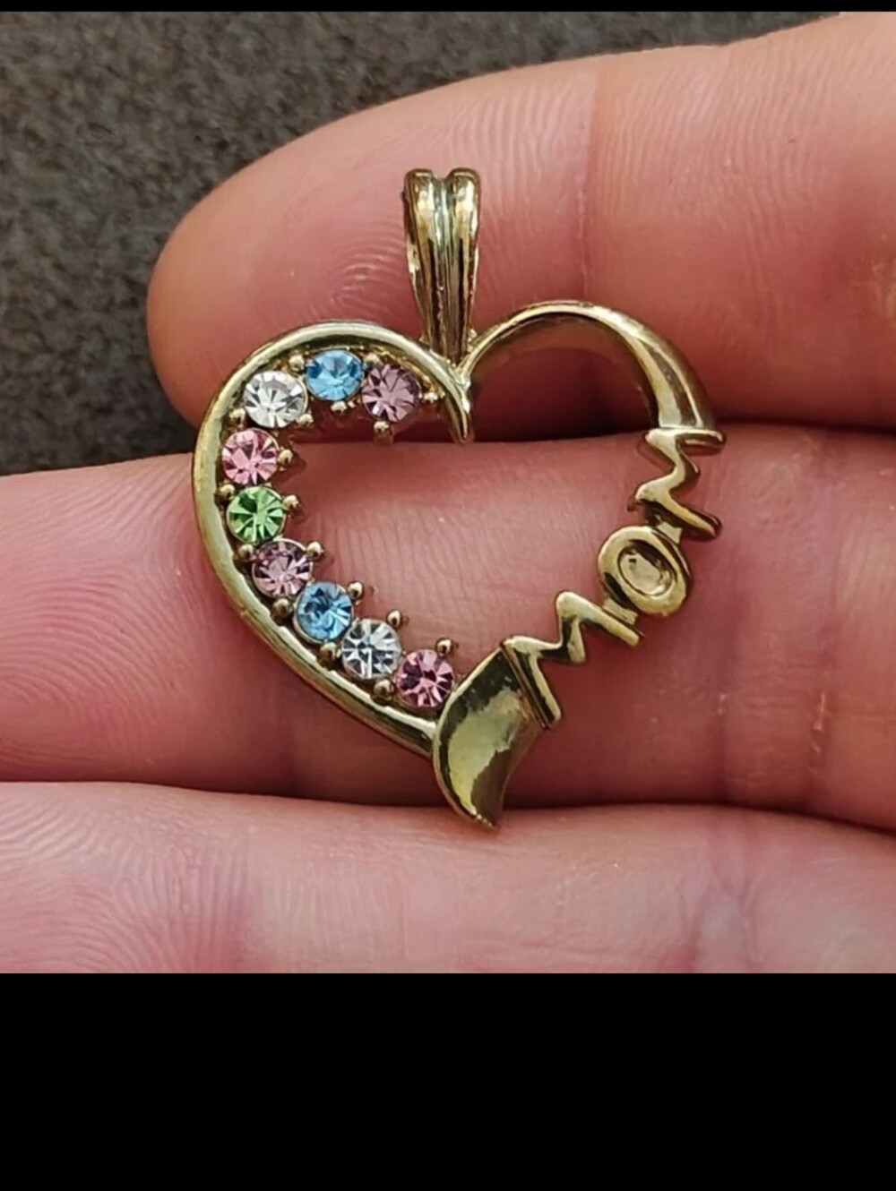 1980s Vintage "Mom" Gold Tone Heart Pendant With Multi Color Crystal Stones